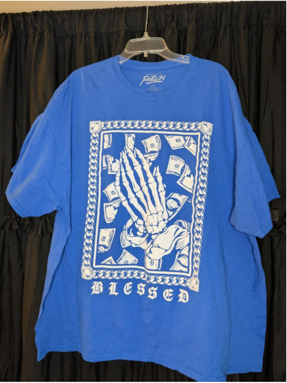 Popular Poison Men's 3XL Blessed Graphic Tee Skeleton Money Bright Blue